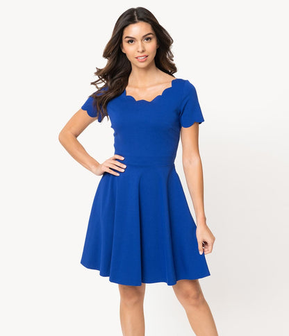 Smak Parlour Royal Blue Stretch Scalloped Short Sleeve Charmed Fit & Flare Dress