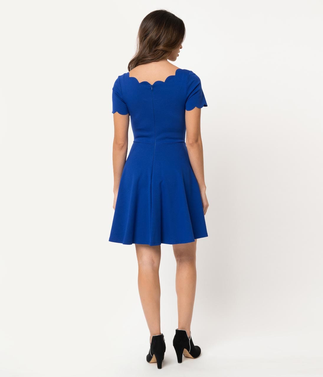 Smak Parlour Royal Blue Stretch Scalloped Short Sleeve Charmed Fit & Flare Dress
