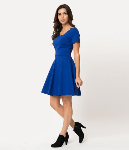 Smak Parlour Royal Blue Stretch Scalloped Short Sleeve Charmed Fit & Flare Dress