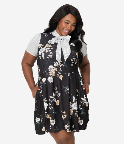 Smak Parlour Plus Size 1960s Style Black Floral & White Dotted Empower Hour Fit & Flare Dress