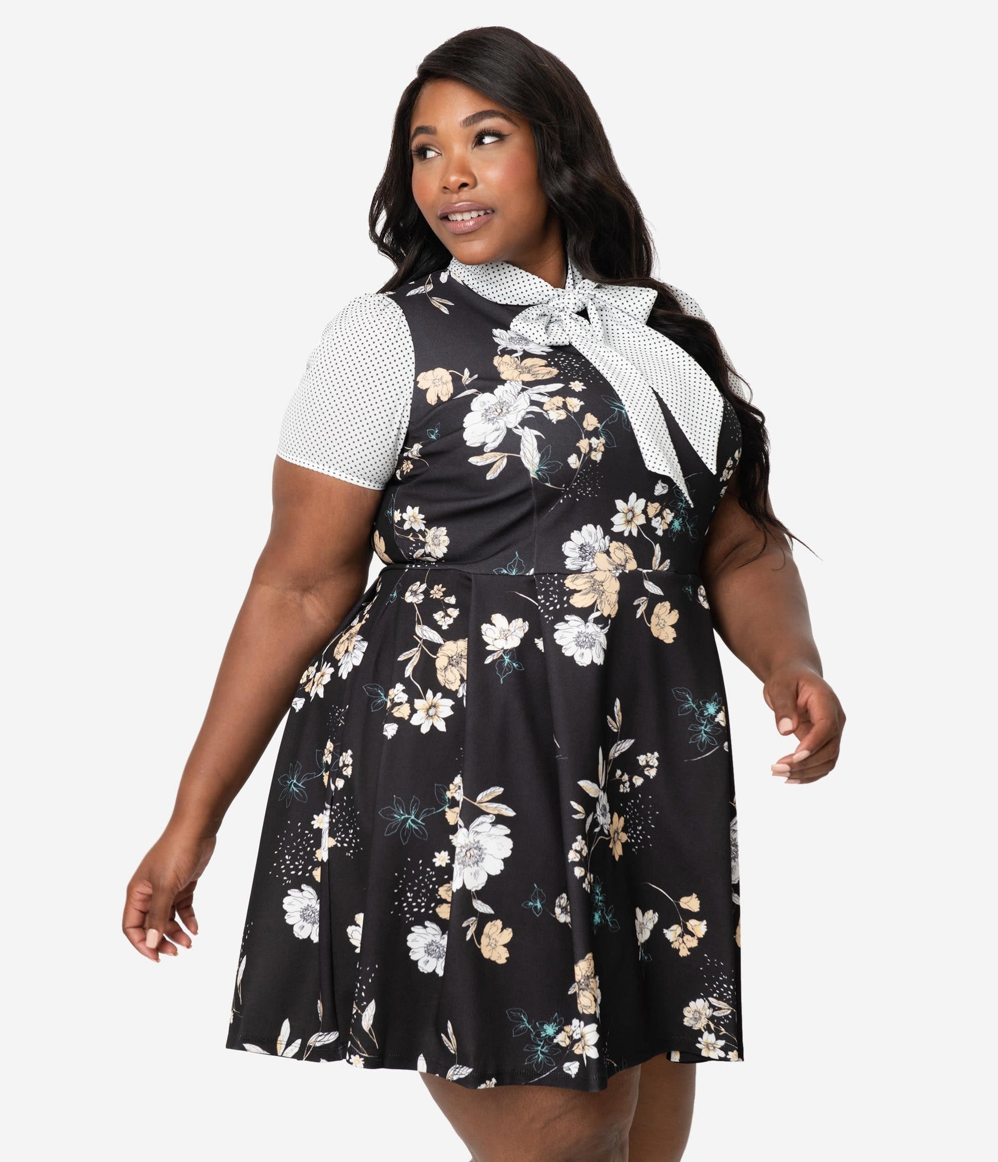 Smak Parlour Plus Size 1960s Style Black Floral & White Dotted Empower Hour Fit & Flare Dress