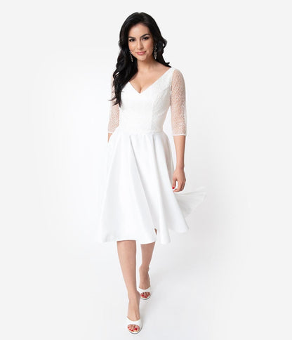 Unique Vintage x Dolly Couture White Swirly Lace Juliette Tea Length Bridal Dress