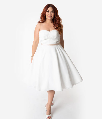 Unique Vintage x Dolly Couture Plus Size White Strapless Maryville Tea Length Wedding Dress