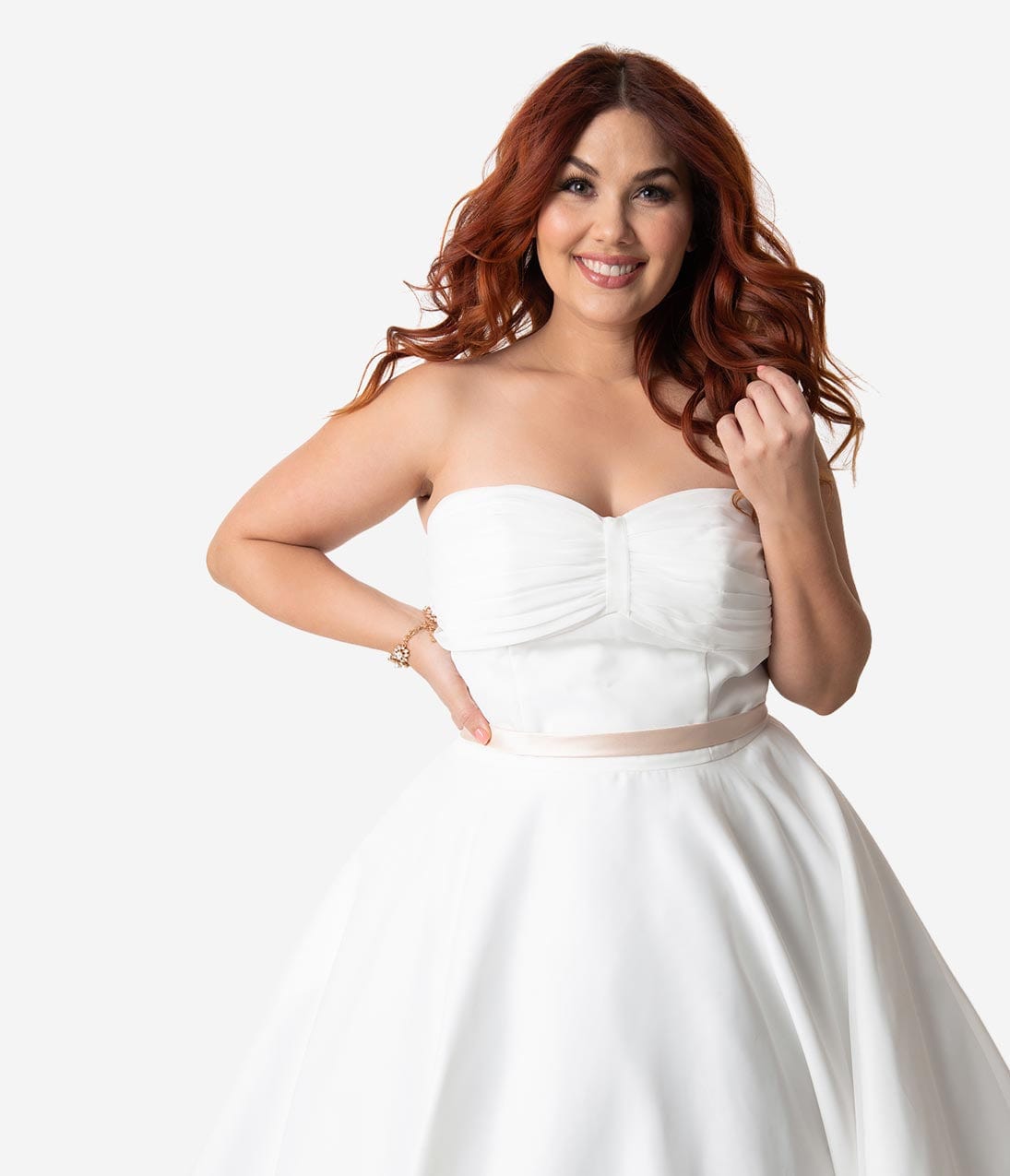Unique Vintage x Dolly Couture Plus Size White Strapless Maryville Tea Length Wedding Dress