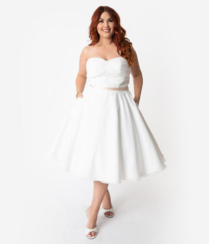 Unique Vintage x Dolly Couture Plus Size White Strapless Maryville Tea Length Wedding Dress