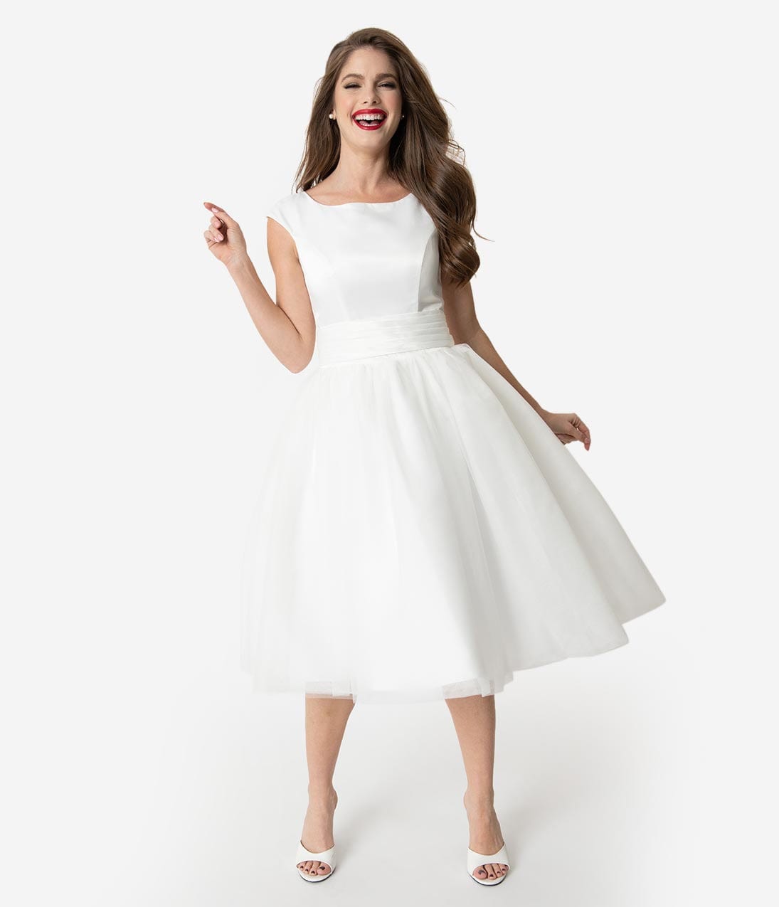 Unique Vintage x Dolly Couture White Satin & Mesh Tea Length Holly Wedding Dress
