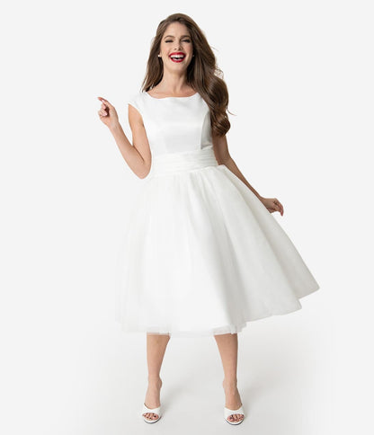 Unique Vintage x Dolly Couture White Satin & Mesh Tea Length Holly Wedding Dress