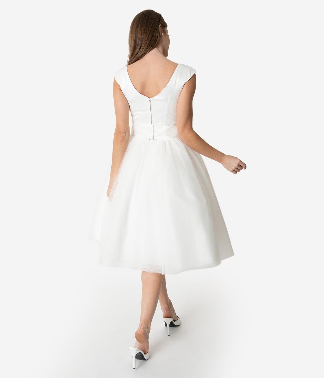 Unique Vintage x Dolly Couture White Satin & Mesh Tea Length Holly Wedding Dress