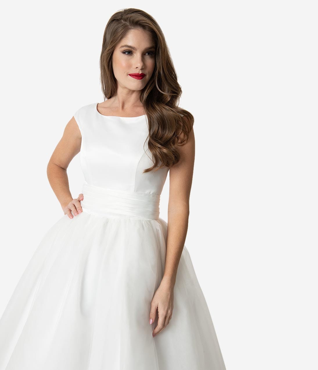 Unique Vintage x Dolly Couture White Satin & Mesh Tea Length Holly Wedding Dress