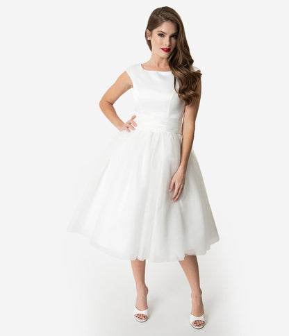 Unique Vintage x Dolly Couture White Satin & Mesh Tea Length Holly Wedding Dress