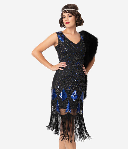 Unique Vintage 1920s Black & Blue Sequin Lina Fringe Flapper Dress
