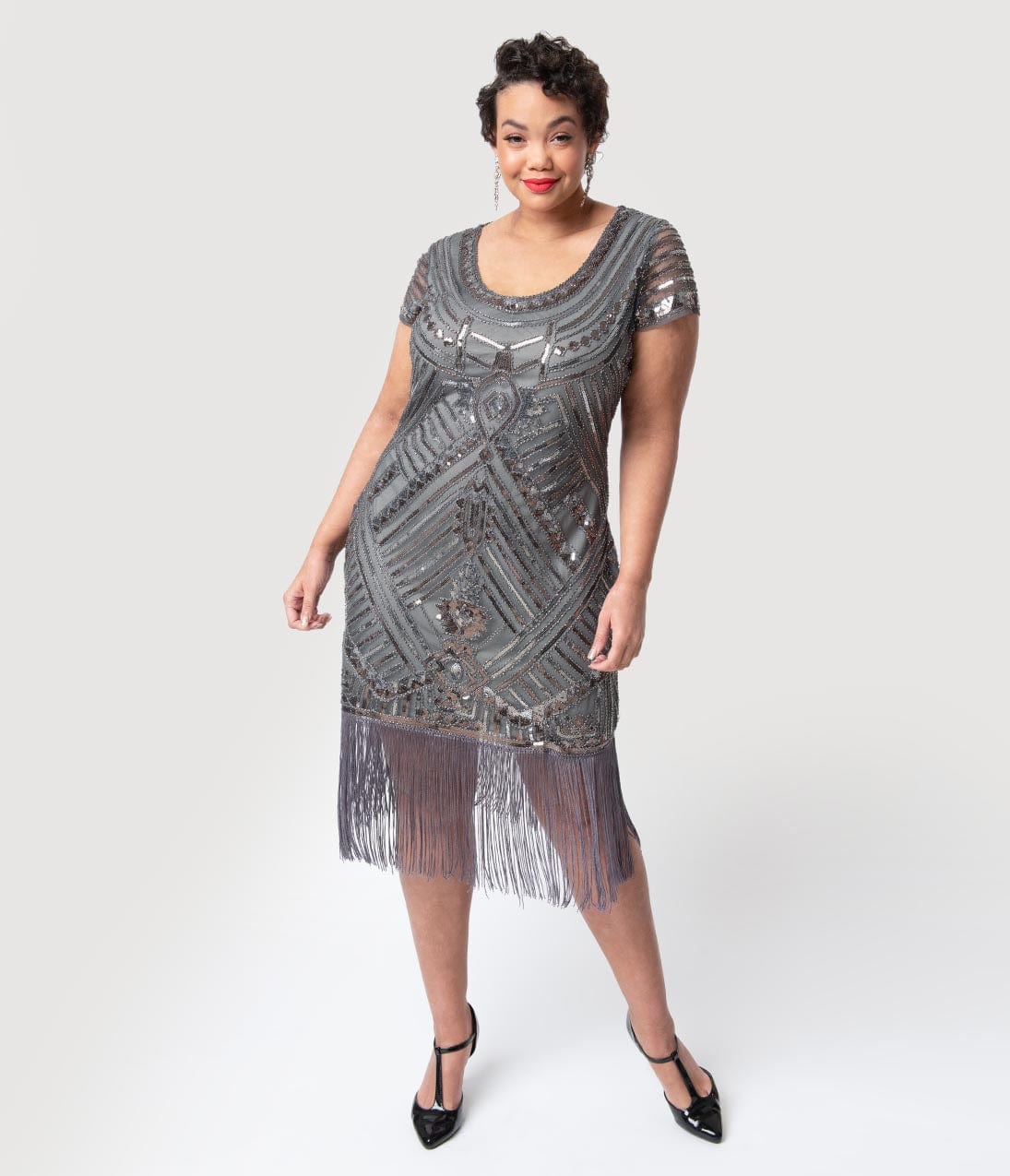 Unique Vintage Plus Size 1920s Grey Beaded Cap Sleeve Renaldo Cocktail Dress