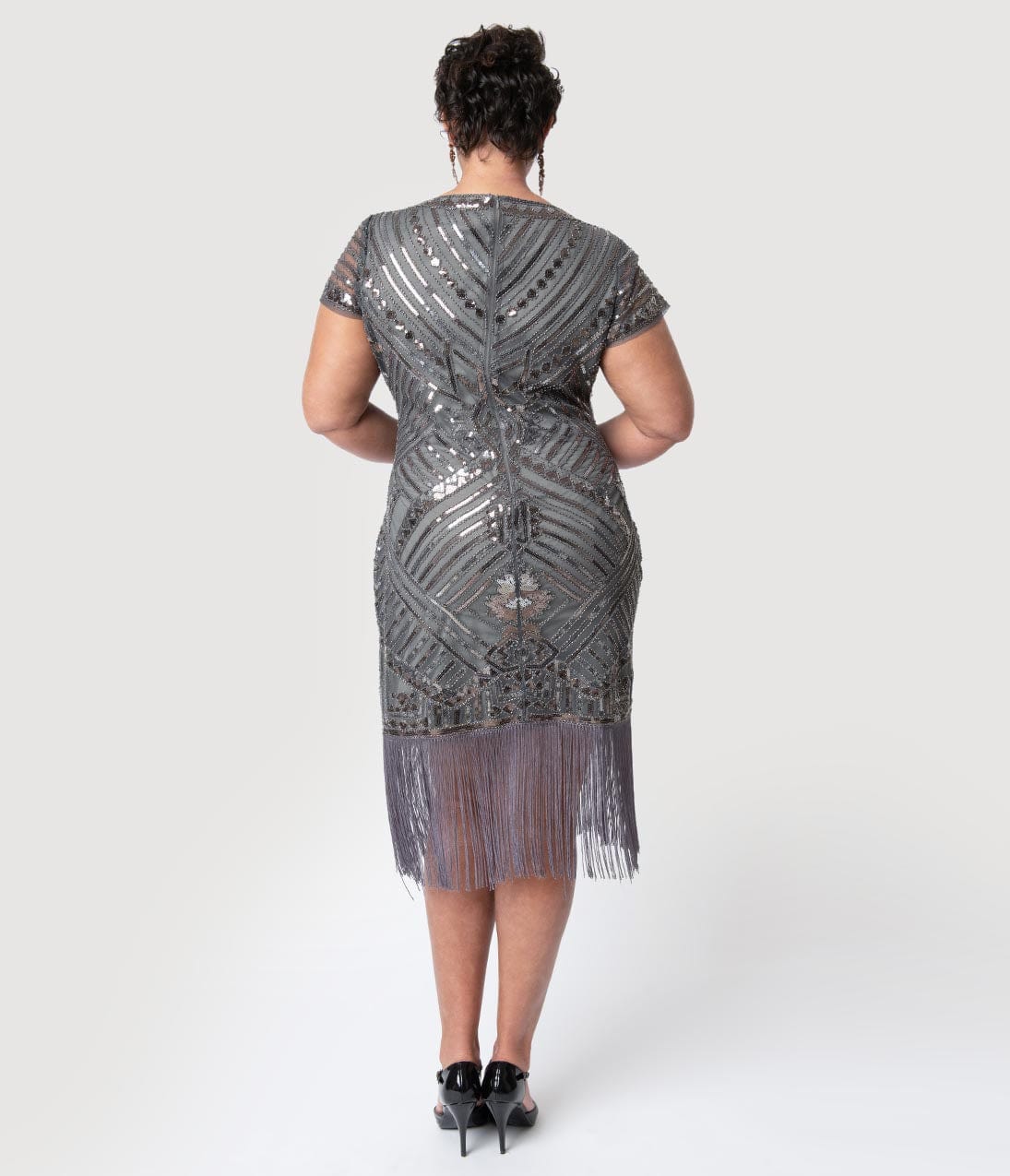 Unique Vintage Plus Size 1920s Grey Beaded Cap Sleeve Renaldo Cocktail Dress