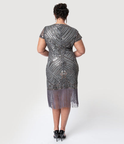 Unique Vintage Plus Size 1920s Grey Beaded Cap Sleeve Renaldo Cocktail Dress