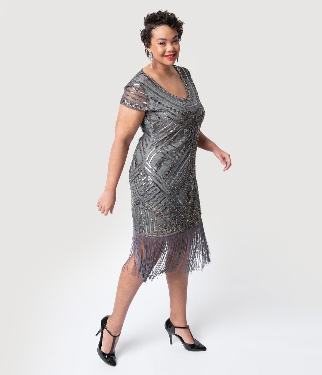 Unique Vintage Plus Size 1920s Grey Beaded Cap Sleeve Renaldo Cocktail Dress