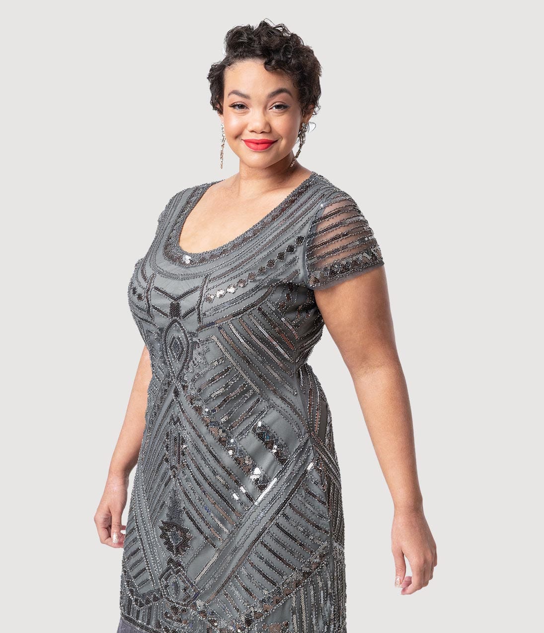 Unique Vintage Plus Size 1920s Grey Beaded Cap Sleeve Renaldo Cocktail Dress