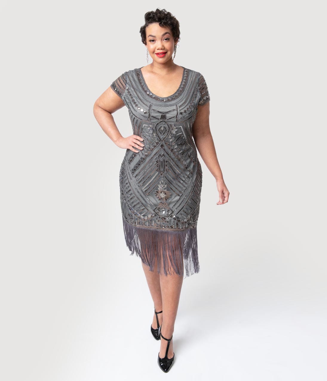 Unique Vintage Plus Size 1920s Grey Beaded Cap Sleeve Renaldo Cocktail Dress