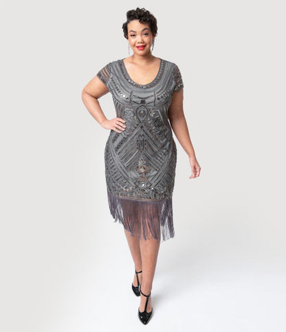 Unique Vintage Plus Size 1920s Grey Beaded Cap Sleeve Renaldo Cocktail Dress