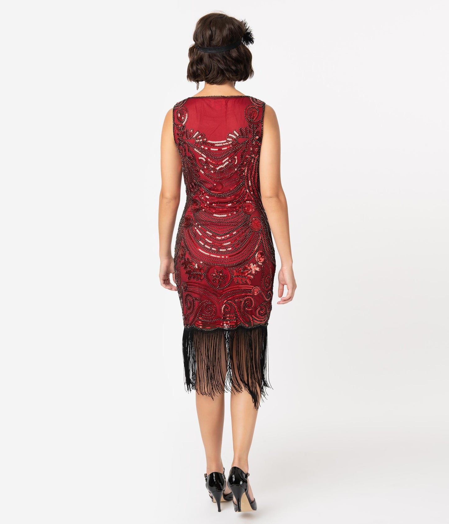 Unique Vintage 1920s Red & Black Beaded Yvette Fringe Cocktail Dress