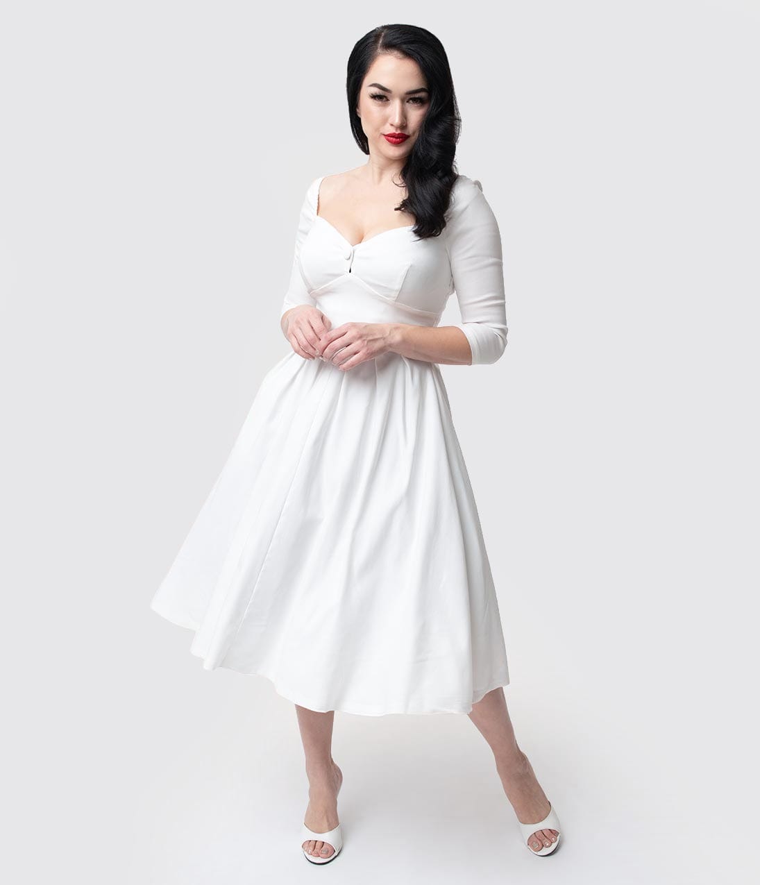 Unique Vintage 1950s Style Ivory Bengaline Sweetheart Lamar Swing Dress