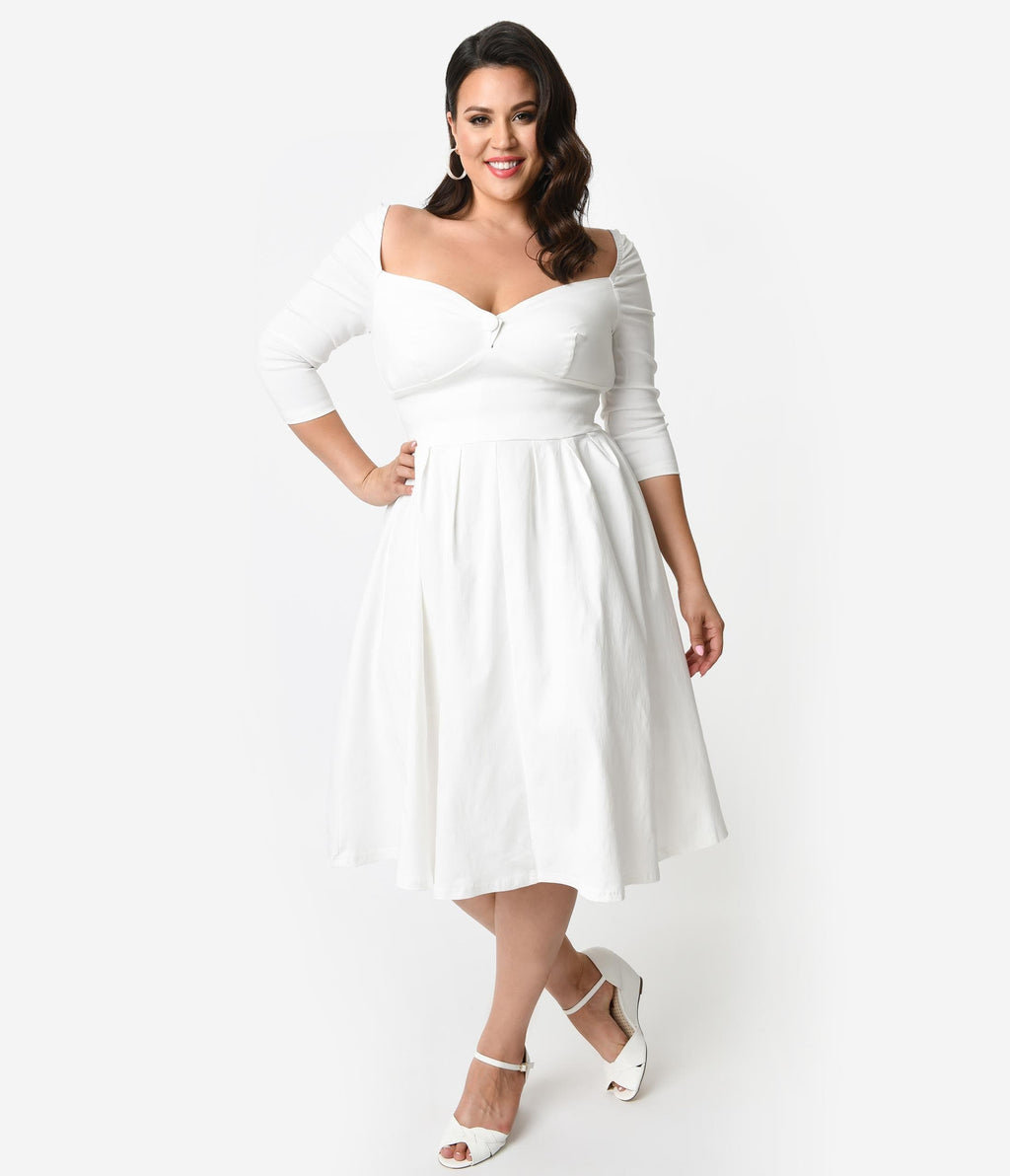 Unique Vintage Plus Size 1950s Style Ivory Bengaline Sweetheart Lamar Swing Dress
