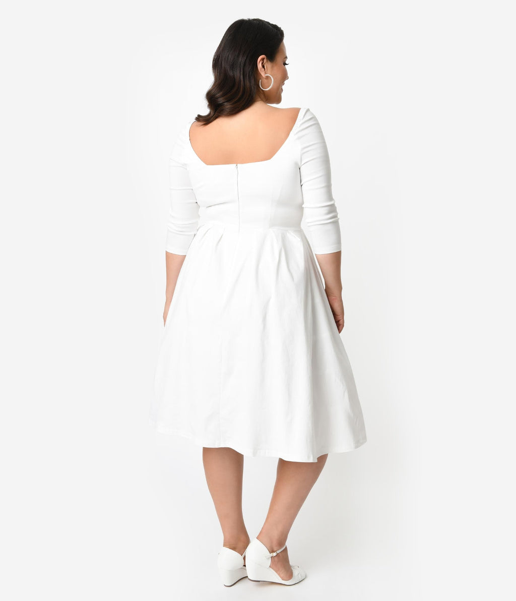 Unique Vintage Plus Size 1950s Style Ivory Bengaline Sweetheart Lamar Swing Dress