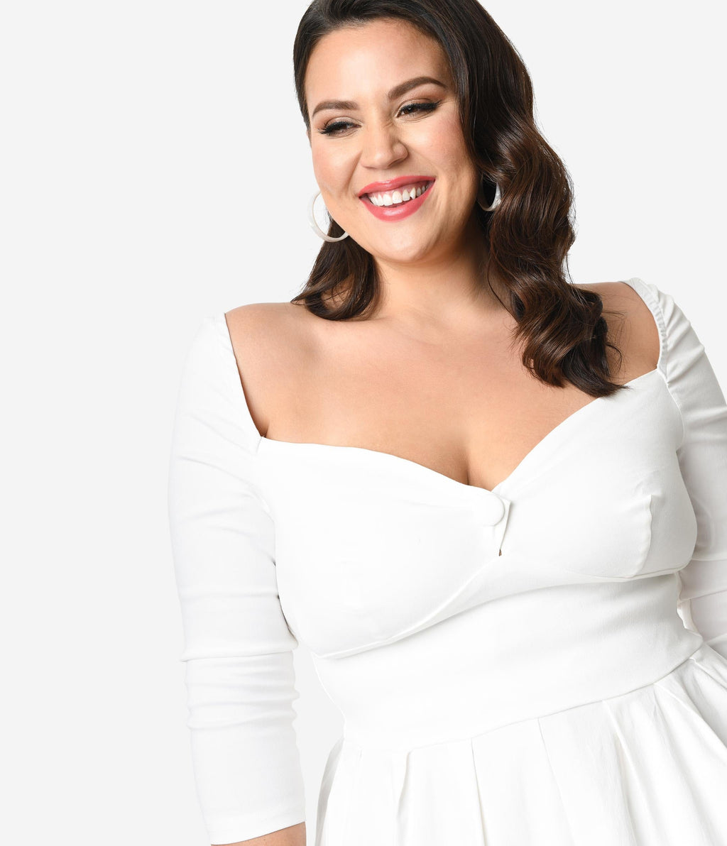 Unique Vintage Plus Size 1950s Style Ivory Bengaline Sweetheart Lamar Swing Dress
