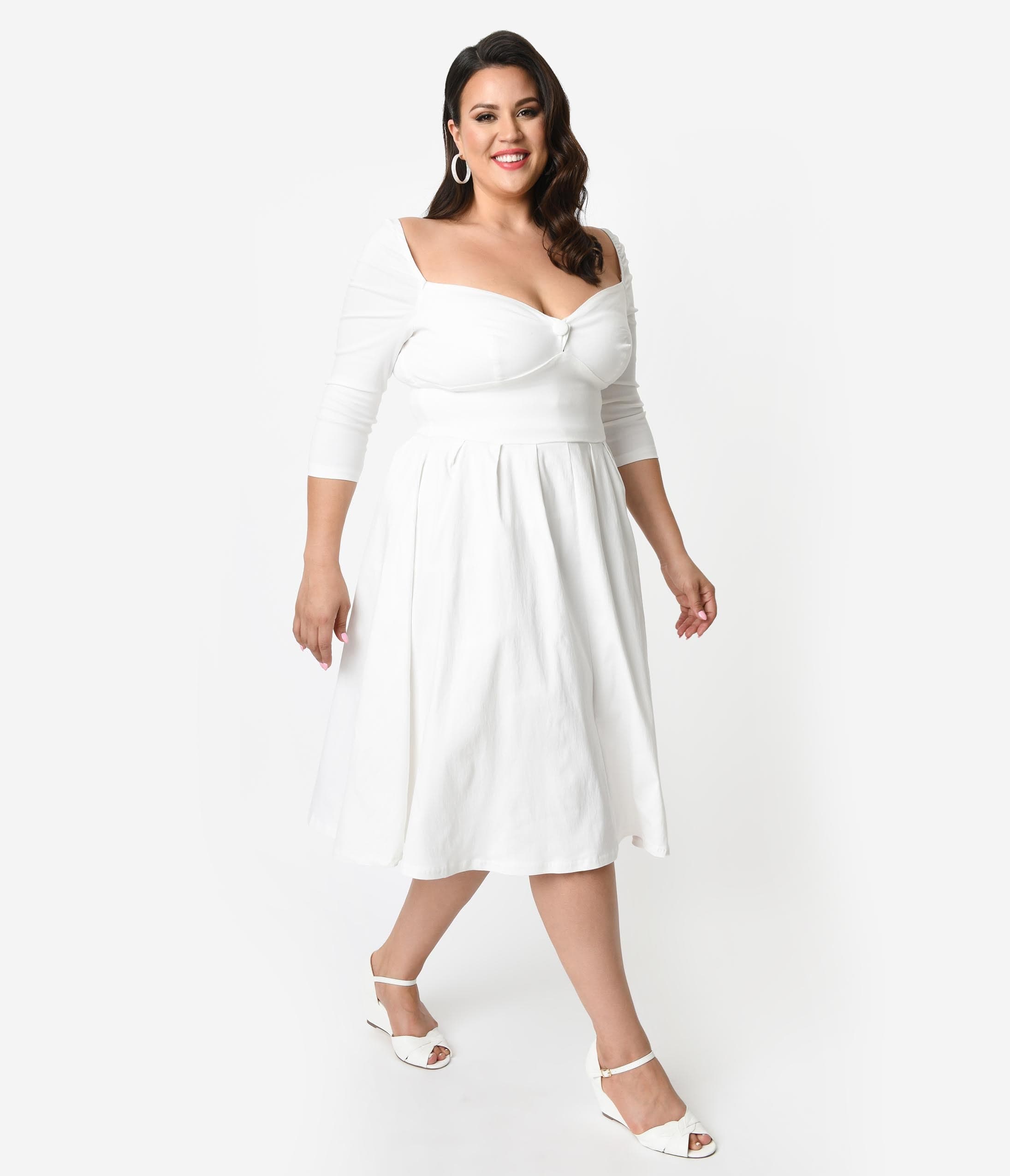 Unique Vintage Plus Size 1950s Style Ivory Bengaline Sweetheart Lamar Swing Dress
