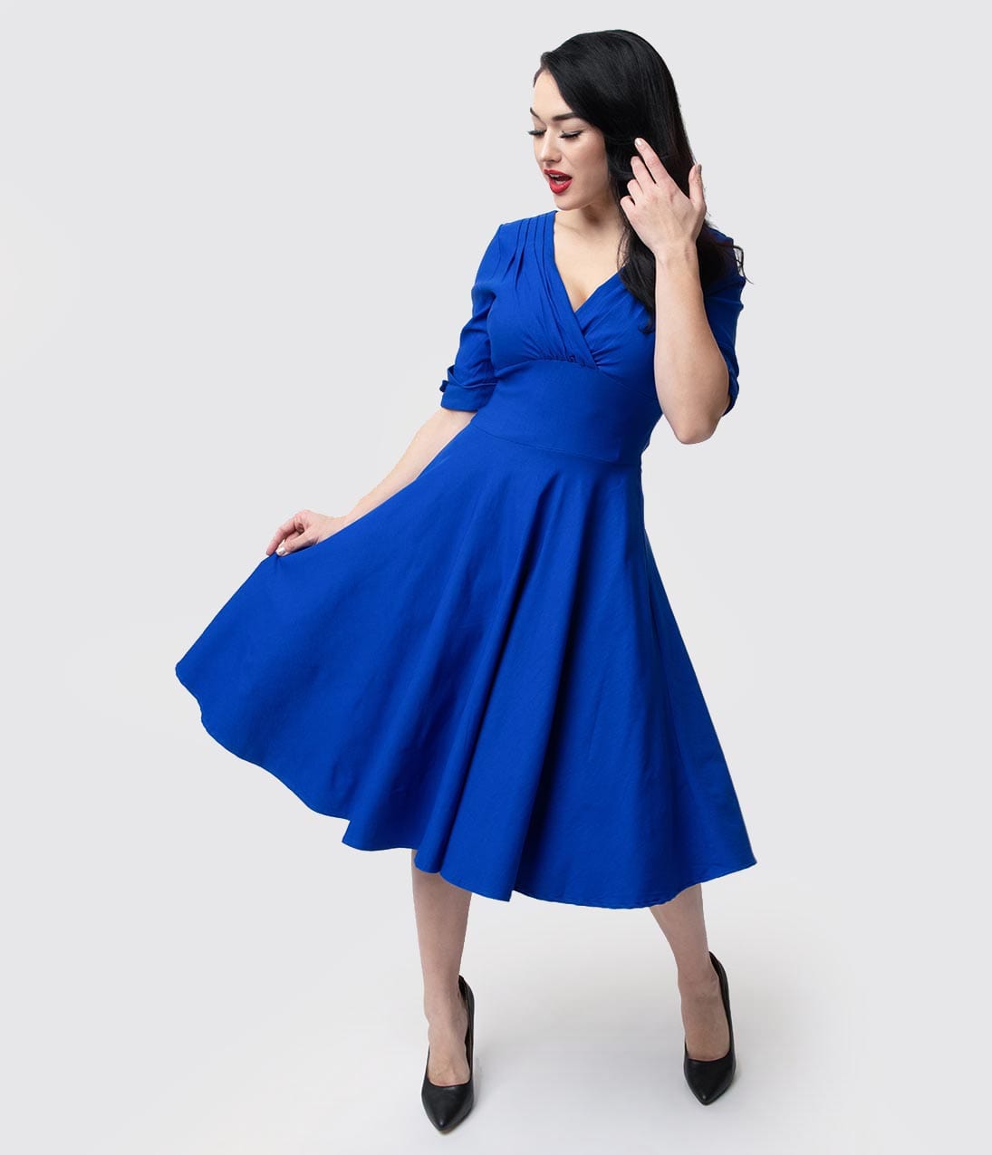 Unique Vintage 1950s Royal Blue Delores Swing Dress with Sleeves