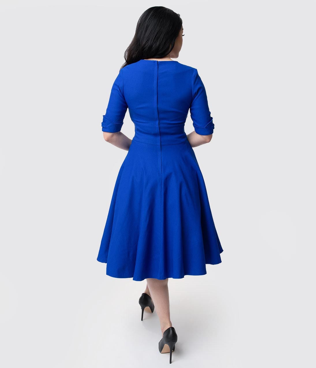 Unique Vintage 1950s Royal Blue Delores Swing Dress with Sleeves
