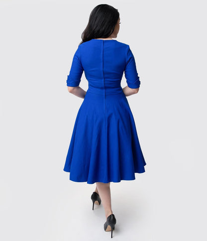 Unique Vintage 1950s Royal Blue Delores Swing Dress with Sleeves