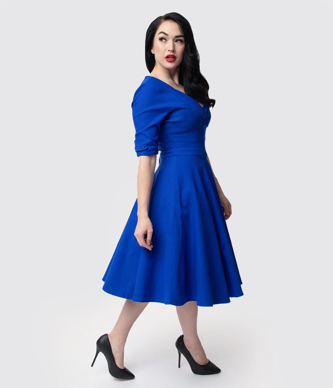 Unique Vintage 1950s Royal Blue Delores Swing Dress with Sleeves