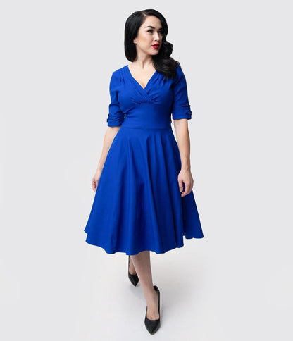Unique Vintage 1950s Royal Blue Delores Swing Dress with Sleeves