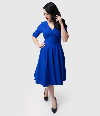 Unique Vintage 1950s Royal Blue Delores Swing Dress with Sleeves