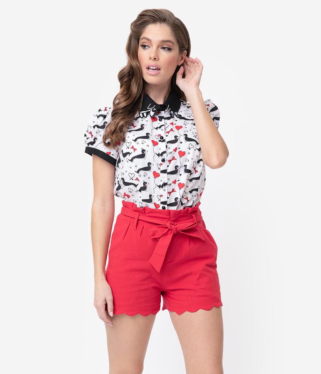 Red Cotton Stretch Paper Bag Scalloped Shorts