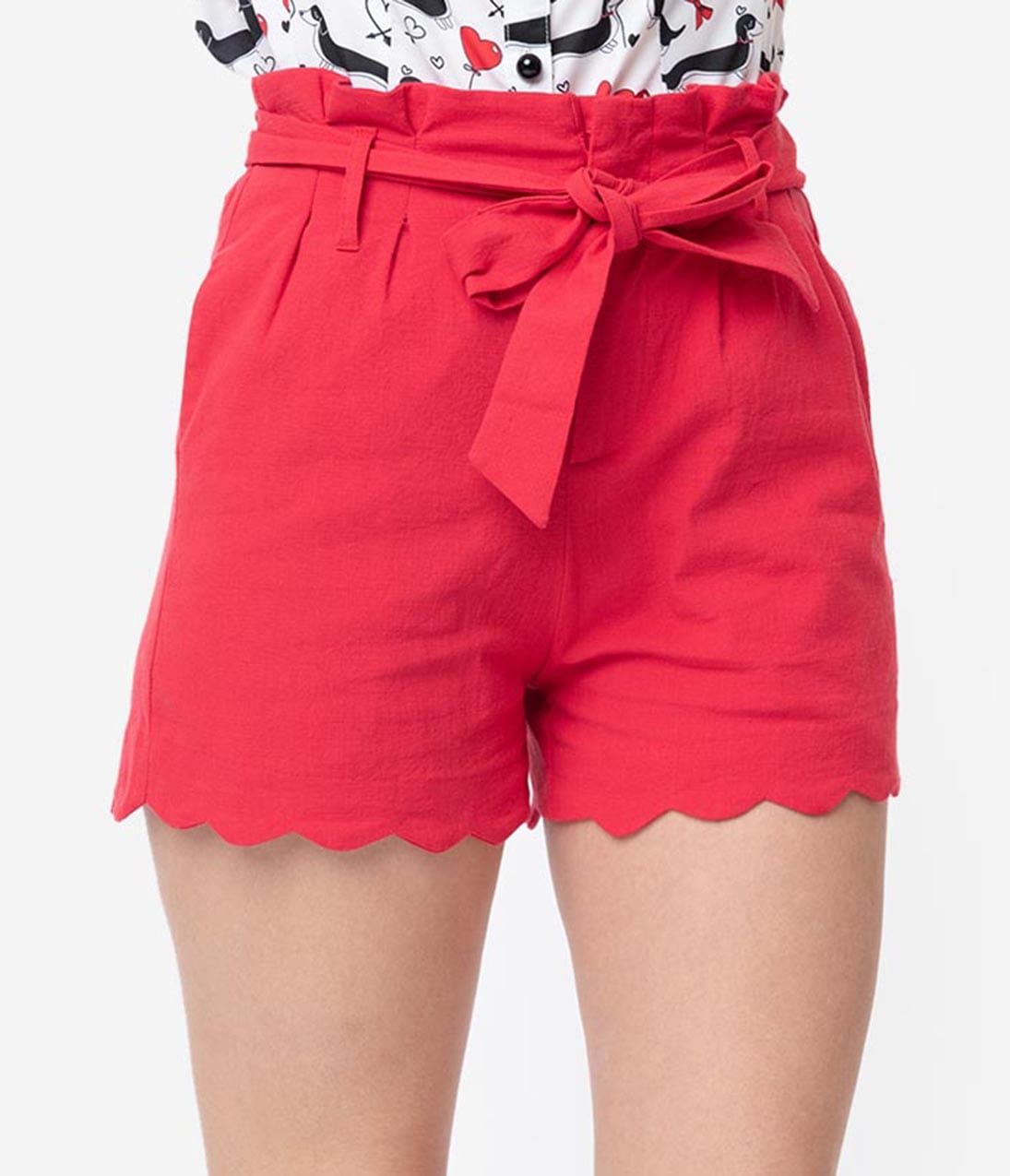 Red Cotton Stretch Paper Bag Scalloped Shorts
