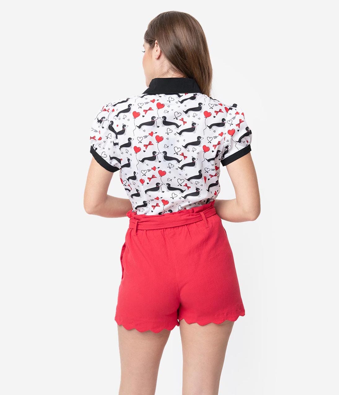 Red Cotton Stretch Paper Bag Scalloped Shorts