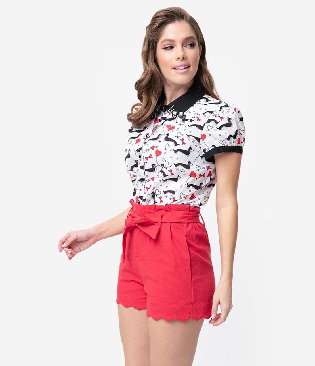 Red Cotton Stretch Paper Bag Scalloped Shorts