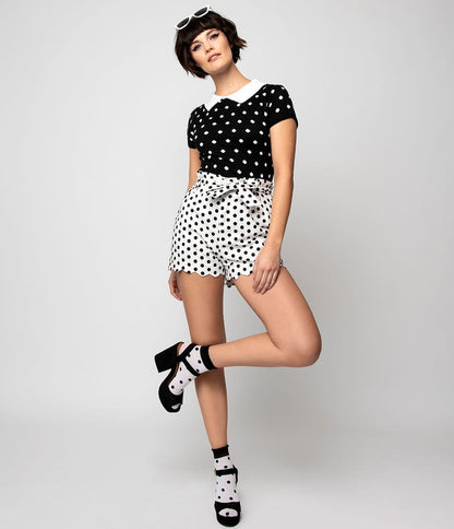 White & Black Polka Dot Cotton Stretch Paper Bag Scalloped Shorts