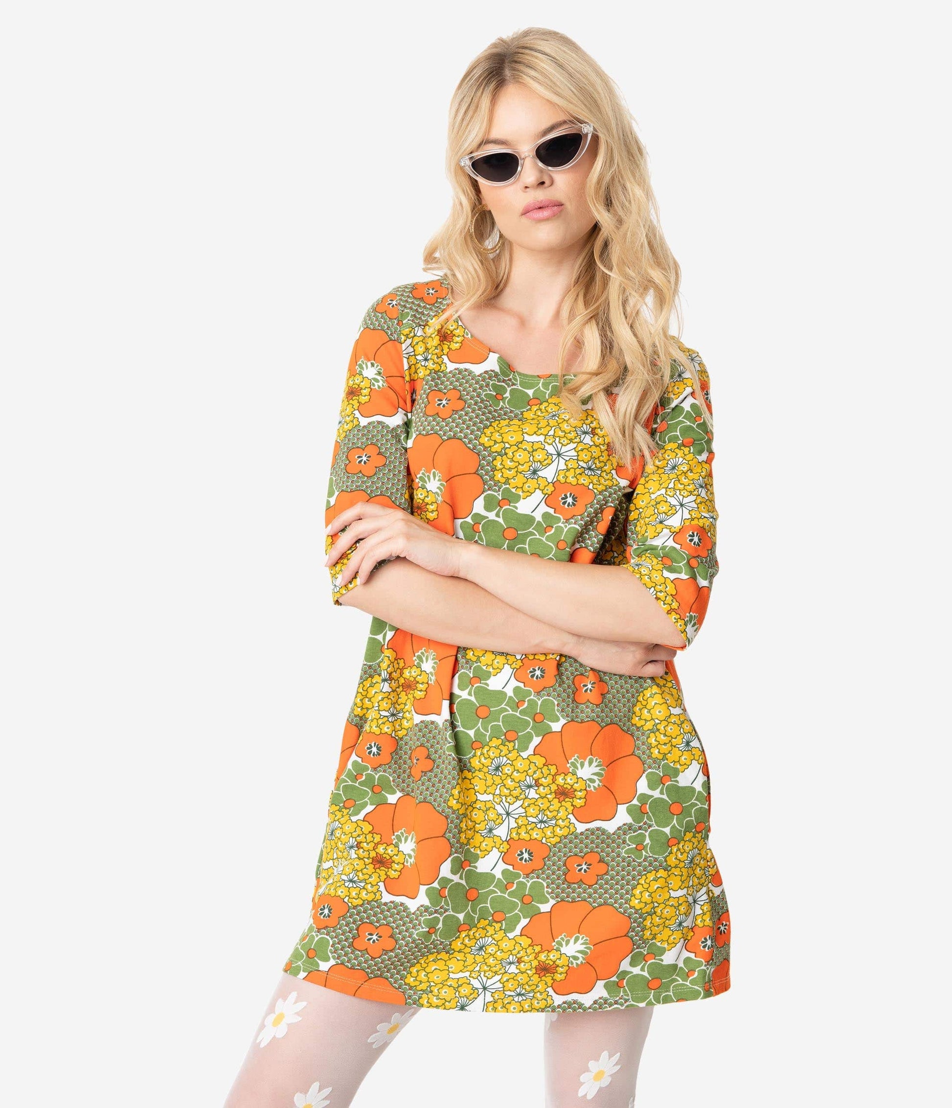 1960s Style Olive Green & Orange Retro Floral Print Cotton Tunic Dress