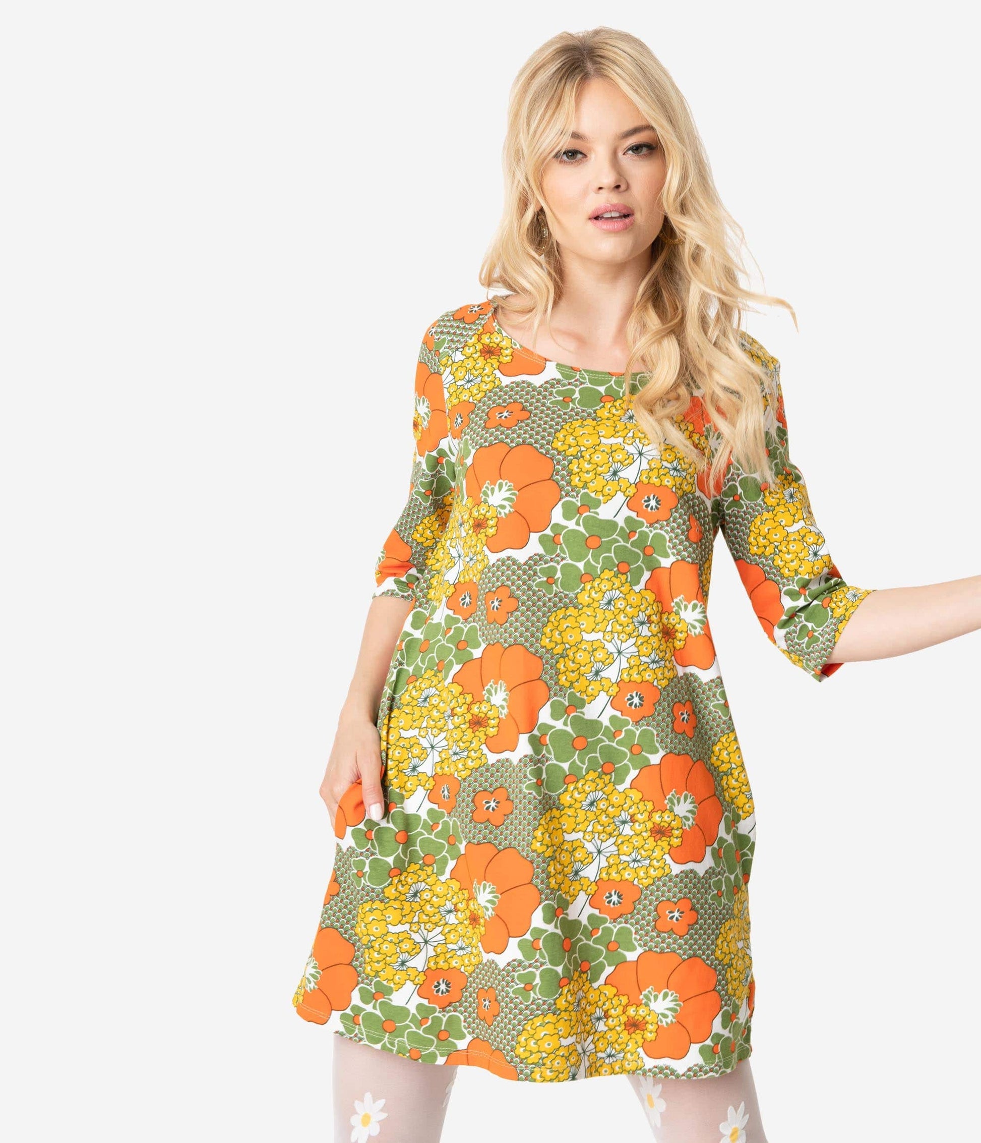 1960s Style Olive Green & Orange Retro Floral Print Cotton Tunic Dress