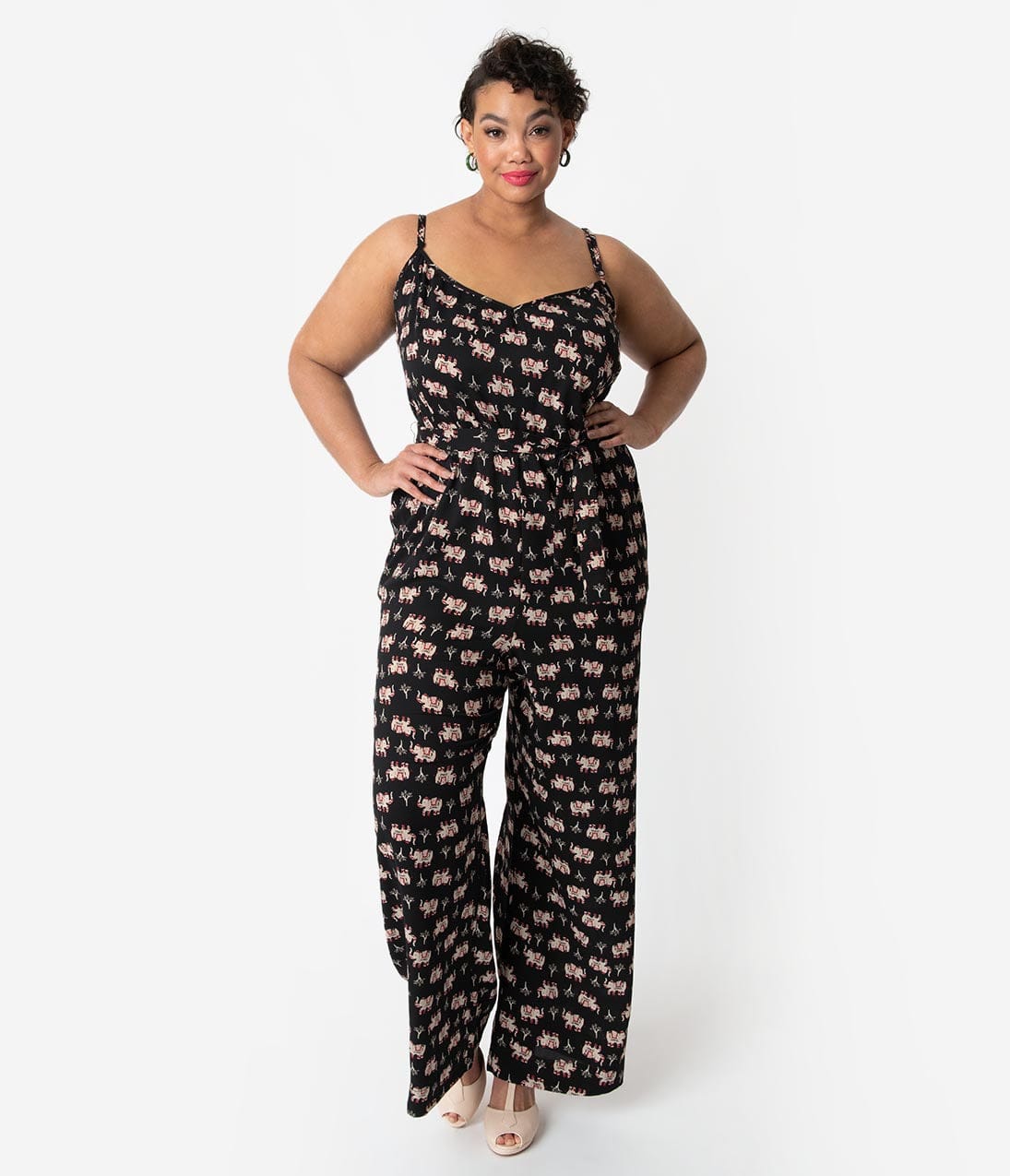 Unique Vintage Plus Size Black Elephant Print Crepe Raleigh Jumpsuit