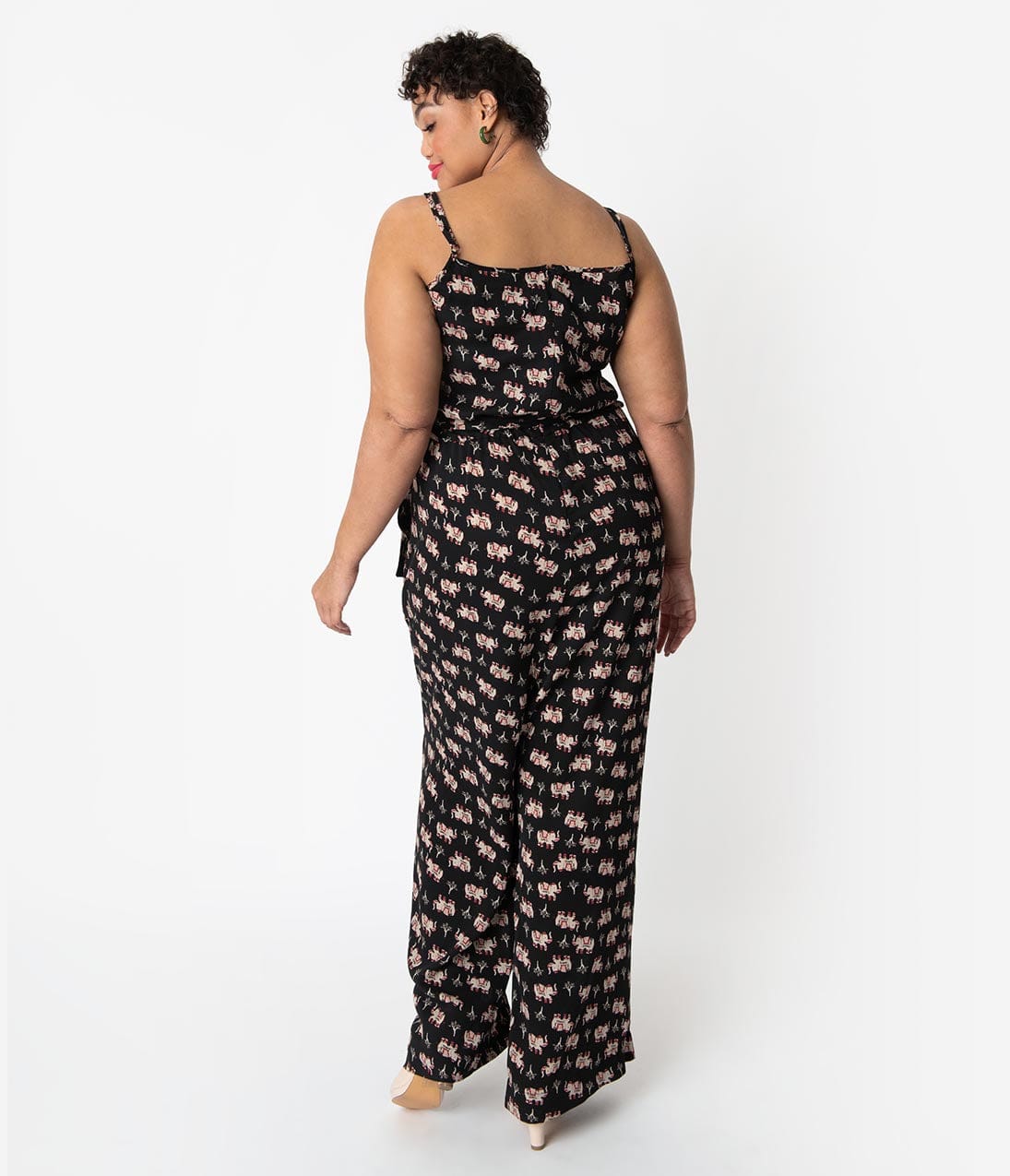 Unique Vintage Plus Size Black Elephant Print Crepe Raleigh Jumpsuit