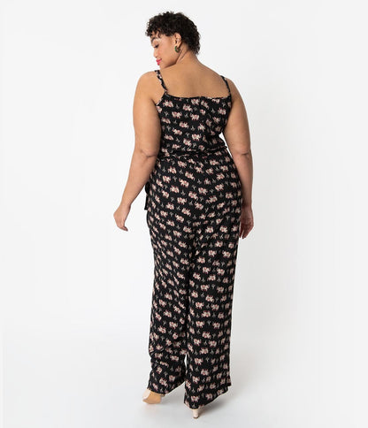 Unique Vintage Plus Size Black Elephant Print Crepe Raleigh Jumpsuit