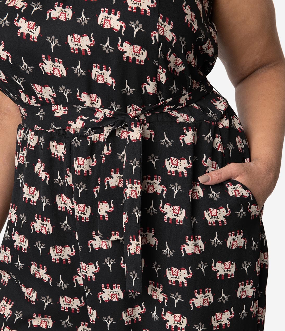 Unique Vintage Plus Size Black Elephant Print Crepe Raleigh Jumpsuit