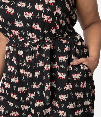 Unique Vintage Plus Size Black Elephant Print Crepe Raleigh Jumpsuit