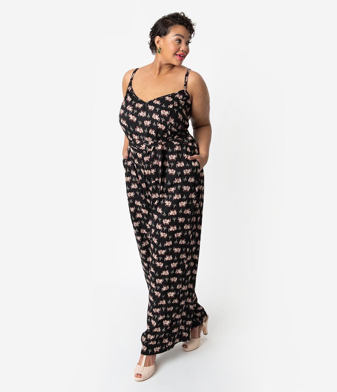 Unique Vintage Plus Size Black Elephant Print Crepe Raleigh Jumpsuit
