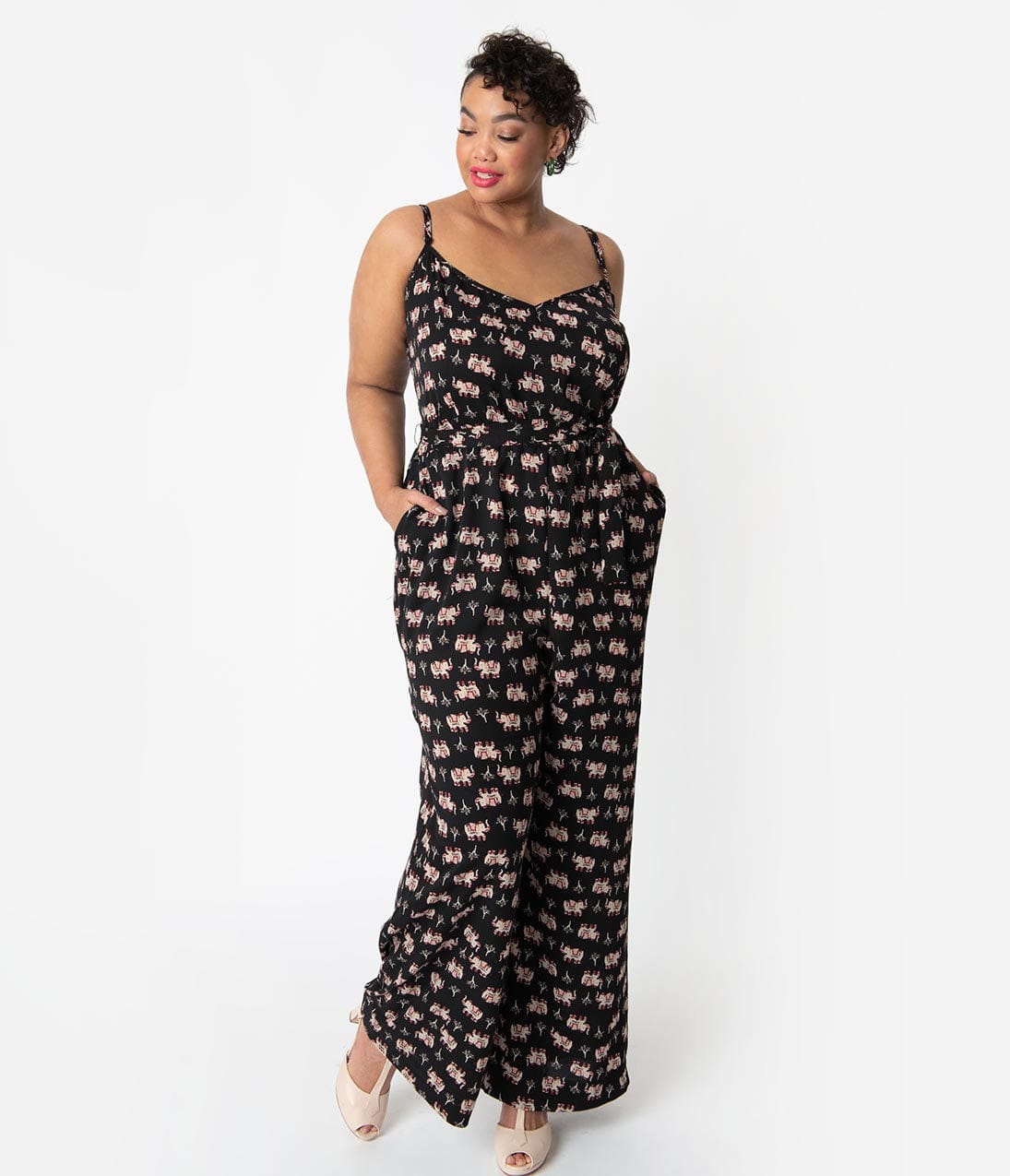 Unique Vintage Plus Size Black Elephant Print Crepe Raleigh Jumpsuit