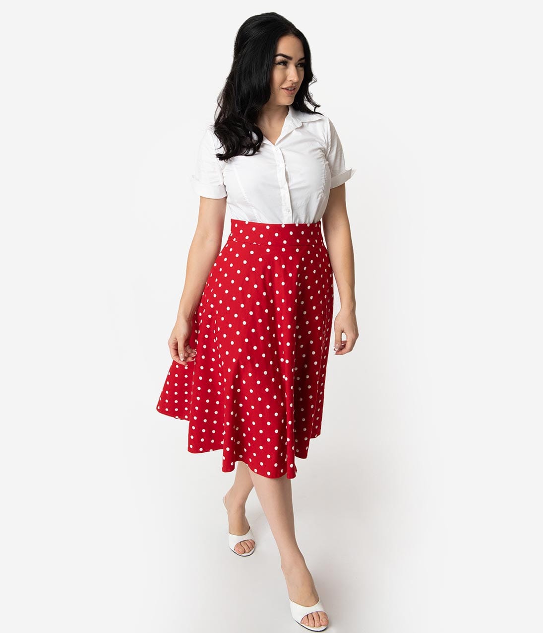 Unique Vintage Retro Style Red & White Polka Dot High Waist Vivien Swing Skirt