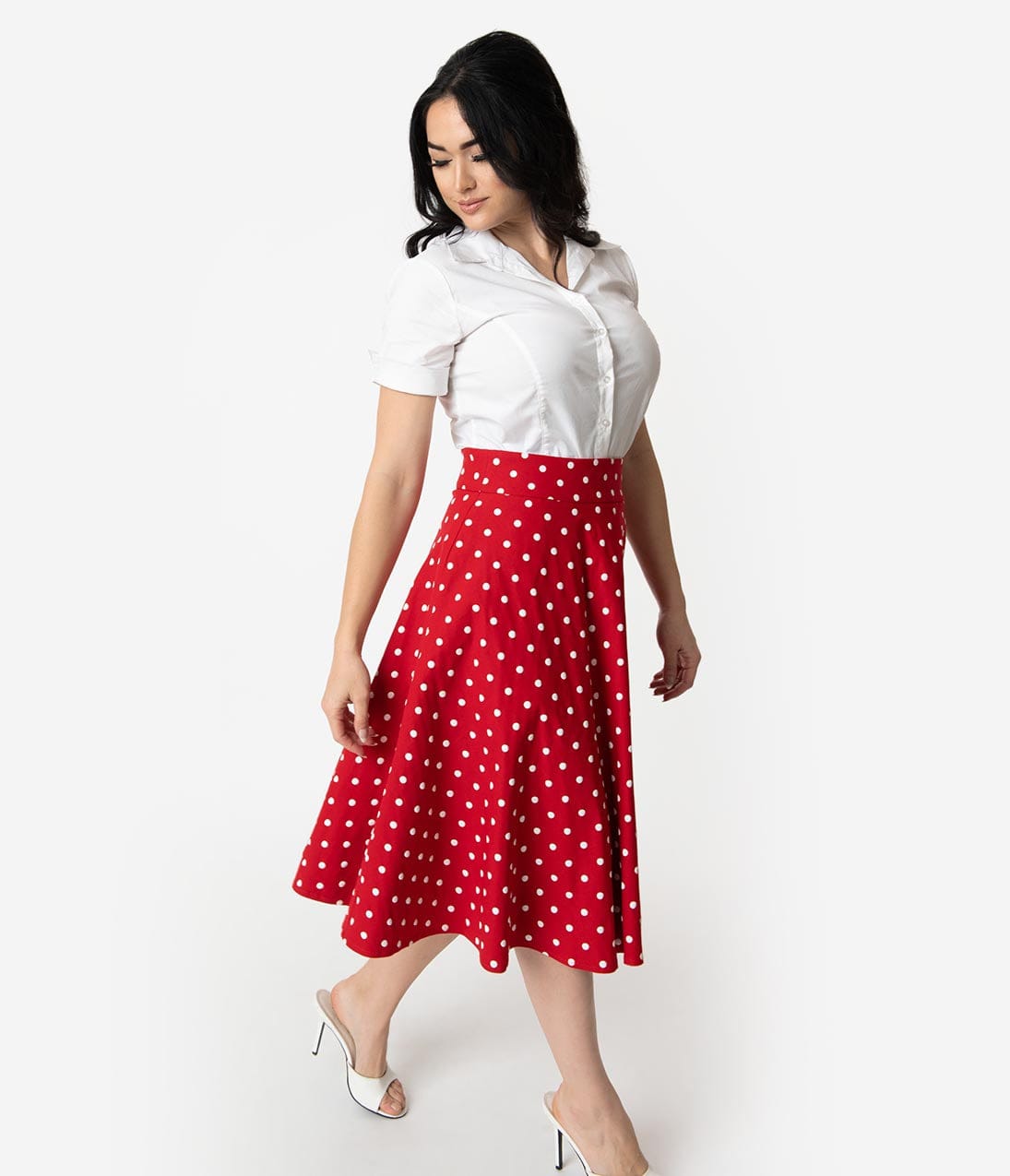 Unique Vintage Retro Style Red & White Polka Dot High Waist Vivien Swing Skirt